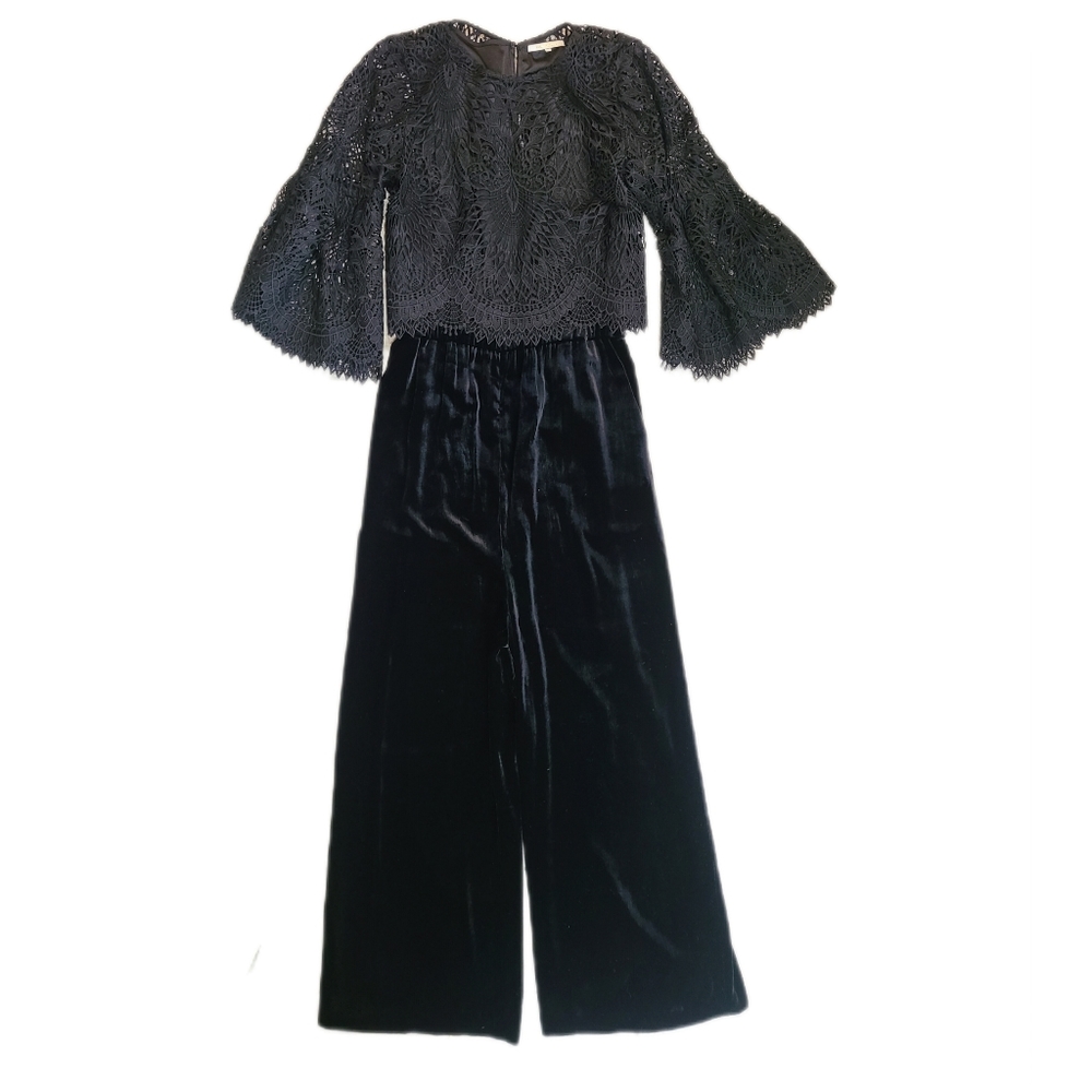 KOBI HALPERIN Velvet & Silk Jumpsuit Attached Lace Capelet Blouse Cropped M